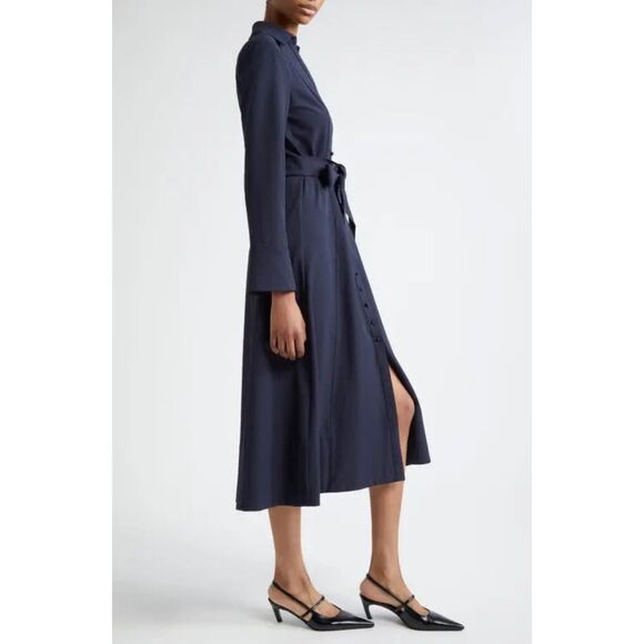 NWOT Cinq a Sept Kyla Long Sleeve Belted Midi Button Down Shirt Dress in Navy 10 - Picture 4 of 16